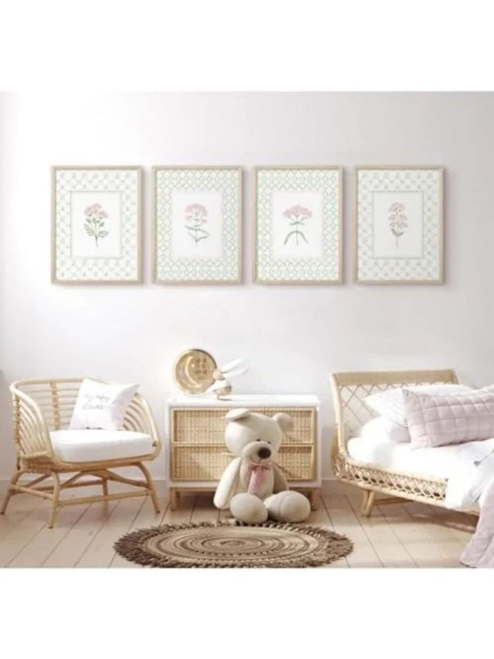 Floral Nursery Wall Art - Wildflower Canvas Decor for Baby Room, Pink & Green